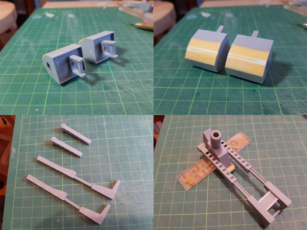 手間がかかった部品。その1、ハンドル部分。百式の手に持てるように、プラ板をどうすればDの形に作れるのか悩みました。その2、ステップ部分のロッド。シースルーが手間かかりました。それと、なにげにH鋼的な部分がまっすぐ作れず苦労しました。