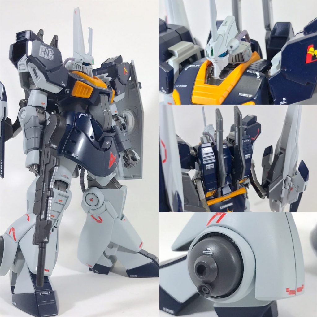 アムロ専用機という事でフェイス部をゼータ系のモノに置き換えてみたところ、良い面構えになりました。(自画自賛)脚部バーニアは100円ショップの手芸コーナーで見つけアクリルパーツにジャンクパーツを取り付けて、それらしい感じに仕上げてみました。