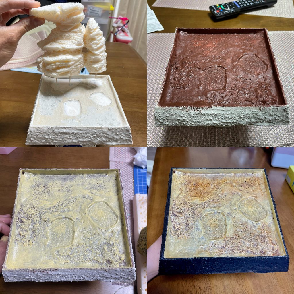 スタイロフォームを切り出し、木粉粘土と石膏で下地のディテールづくり、茶色で塗装、サンドイエローで塗装、油彩でウォッシング、白系でドライブラシ、で仕上げています。