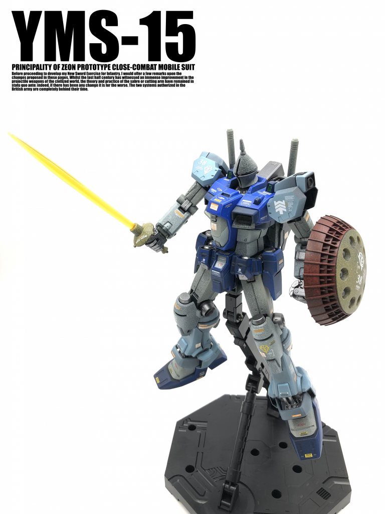 ギャンは、ジオンのモビルスーツですが、どことなく、連邦のモビルスーツを思わせる雰囲気があります。設定にも、連邦系のモビルスーツを参考にしたという記述もあるようです。GP01(に限らずガンダム開発計画のモビルスーツに共通する特徴)のデザインには曲線が多く、ジオンのモビルスーツを思わせる雰囲気もあります。そこで、GP01を使って、ギャンの発展型の機体をイメージして作ってみました。