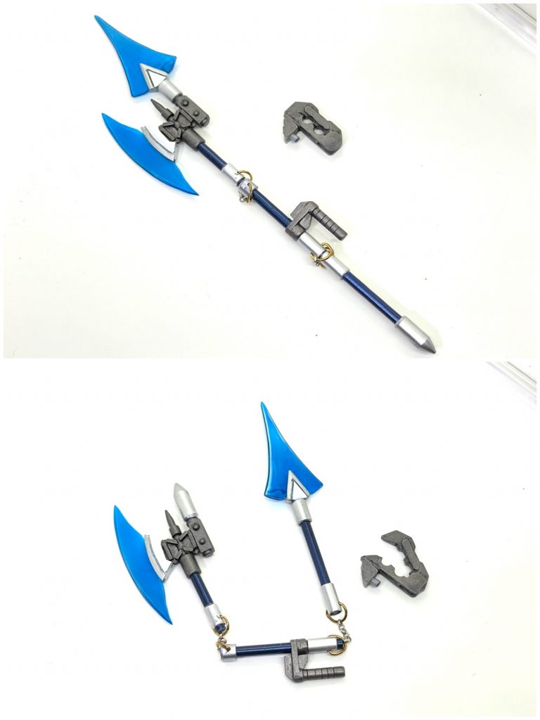 ハイパービームジャベリン風の武器はプラ棒等でスクラッチ。刃の部分はRGユニコーンガンダムペルフェクティビリティのランナーから作成しました。連結部分の輪っかとチェーンはダイソーの手芸用品です。(うんちく)ハイパービームジャベリンの形状は、どう見てもジャベリン(投槍)じゃなくて、ハルバートです。中国の武器でハルバートに相当するのは戟であり、その中で矛と三日月型の刃を組み合わせたものを青龍戟と呼びます。なので、それに倣って青龍連節戟とネーミングしました。ちなみに三日月が二つになると呂布の武器として知られる方天画戟になります。(Wikipedia 調べ)