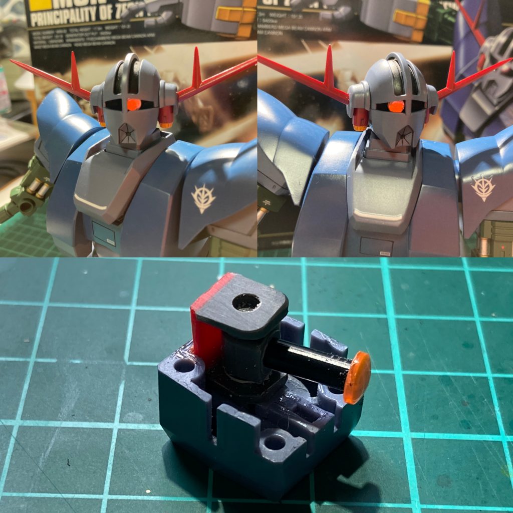 新しいチャレンジ②・モノアイ可動改修今回一番手が加えられた箇所。というより今までの製作を振り返ってみても一番大きい改修だと思います。これまでキットを切ったり穴開けたりなんて殆どした事無かったですから。今までの製作の余剰部品・余剰ポリキャップとランナータグ、Ｈアイズを組み合わせて作りました。目の隙間からつまようじ突っ込んで黒のポール部分を押してやれば動きます。上下の可動はオミットしてますが、思った以上の仕上がりを見て次は上下も頑張ってみようと思いました。なお、アンテナは削って尖らせています。