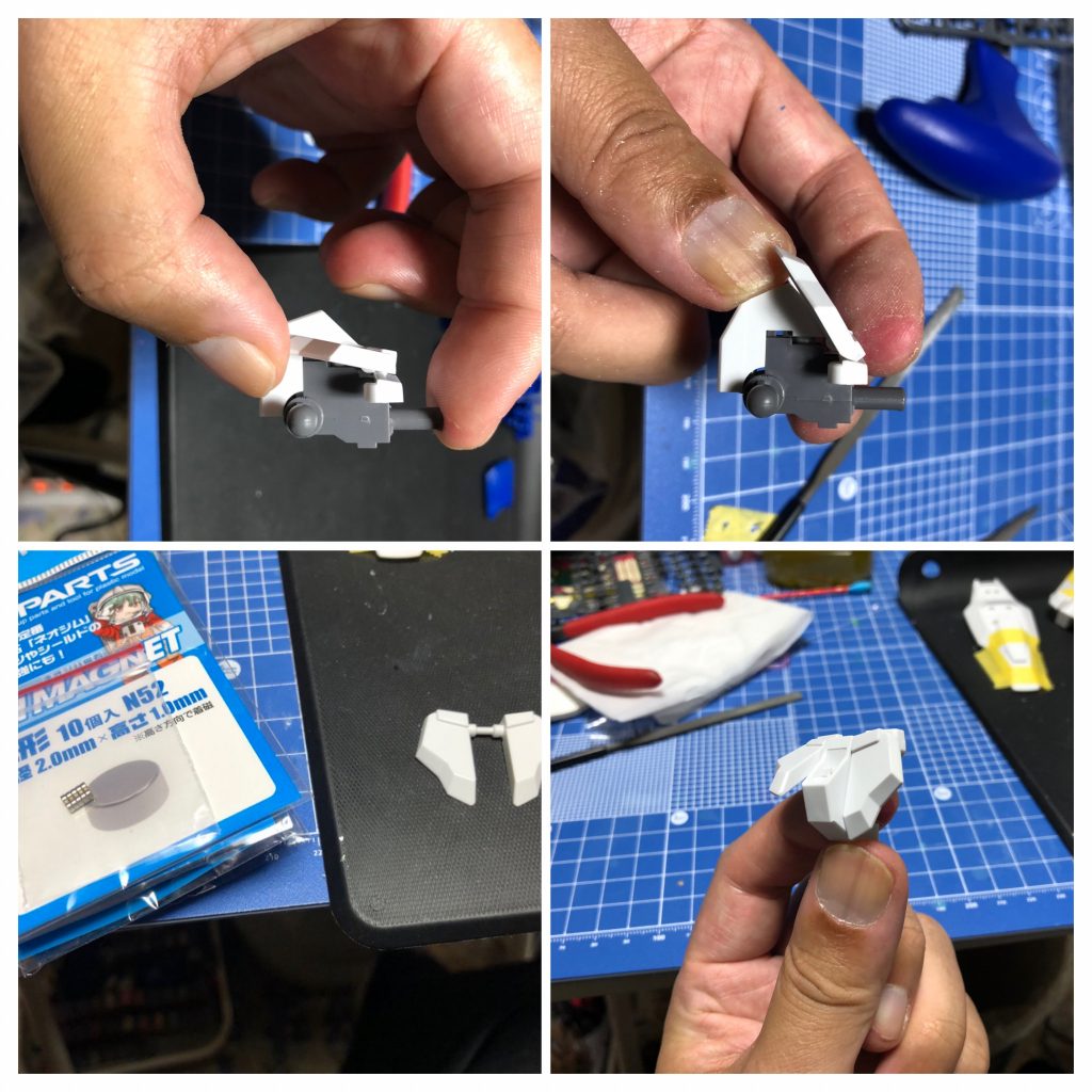 ③全く上がらないフロントスカートを削り込んで稼働範囲拡大。④フロントスカートを分割。このままだと抜けてしまうので、初のネオジム工作。磁石を接着して連結しました。かなりガッチリくっつくので、そうそうポロリはないですね^_^b