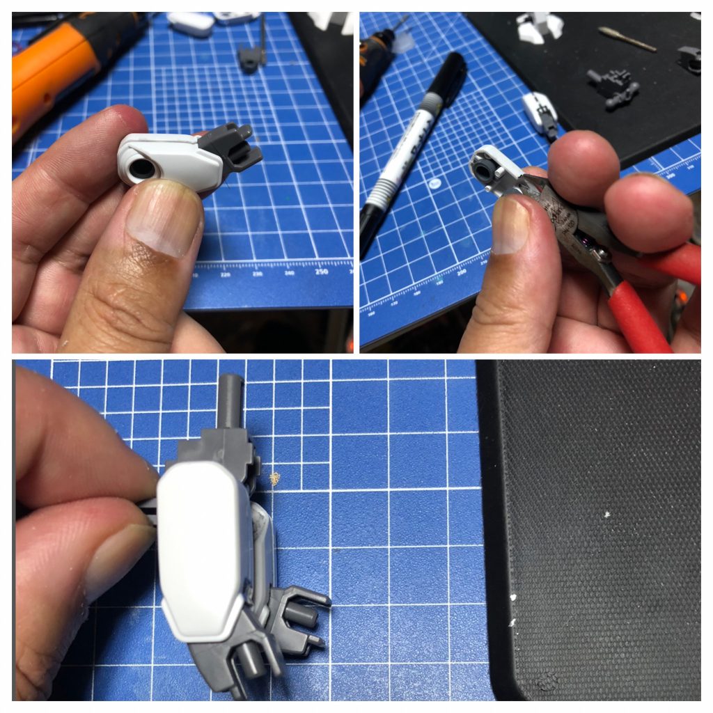 ⑥膝が曲がらないので膝裏装甲をカットして可動範囲を拡大しました。写真下段の奥側が加工後です…全然違いますね^_^n