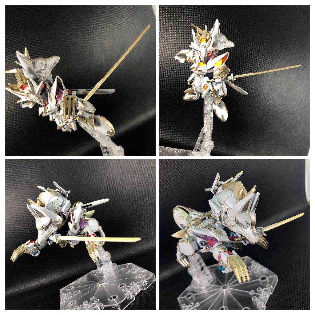 ブース撮影です。可動域はそこまで広くないですが、ポーズとアングルを工夫することで、かなりカッコイイ構図になります。1/144とSDを交互に組んでいるのですが、息抜きつもりのSDの方が手間がかかってしまうのはなぜでしょう…^_^;