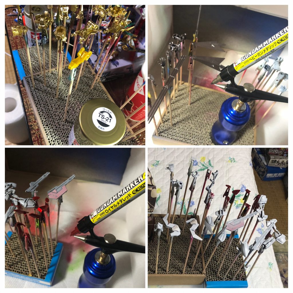 今回はフレームをラッカー金。赤とガンメタはガンダムマーカー。白は水性と総動員しました。重ね塗りができるようになって表現の幅は大分広がった気がします。