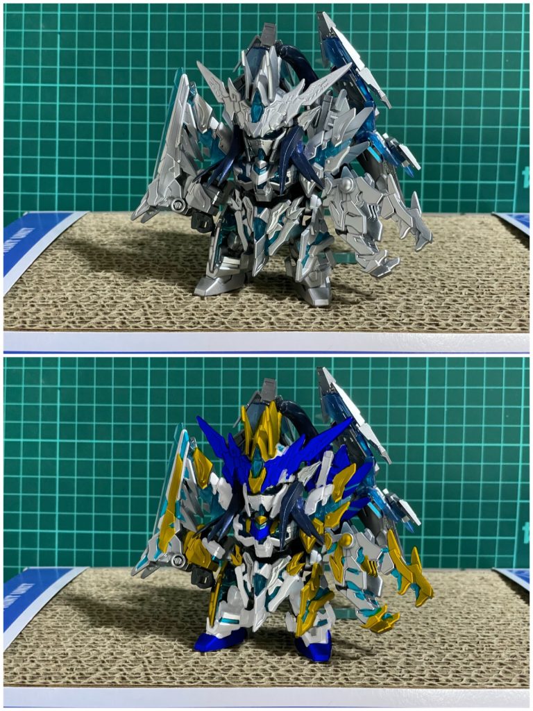 銀下地の塗装してから配色検討のために仮組みした状態と、ペイントアプリで着色した画像です。最終的な塗装では白と金がちょっと減り、銀が増えてます。マスキングが面倒だったんですw塗装レシピ(自分用メモ)基本的に水性ホビーカラーを使用してます。蛍光塗料はブラックライトペイントルミネを使用。下地1:  フィールドグレー+ブルー+黒銀下地: 下地1→シルバー→ビスマスパール(ラッカー)青部分: 銀下地→クリアブルー+クリアレッド少量→雲母堂本舗VGパールレッド金部分: 銀下地→クリアイエロー+クリアオレンジ白部分: 銀下地→白→雲母堂本舗VGパールアクアサイコフレーム: 銀下地→クリアブルー+クリアグリーン→ルミネブルークリアパーツ: 裏側にビスマスパール→クリアブルー+クリアグリーン→ルミネブルーグレー部分: ダークグレー+ニュートラルグレーメカ色部分: 焼鉄色髪の毛、ジャベリンの柄: 下地1→雲母堂本舗VGパールコバルト今回、サイコフレーム部分を先に塗装してからマスキングして周りを塗り重ねたのですが、ブラックライトで照らすと塗りつぶした部分まで光ってしまいました。サイコフレーム部分だけ光らせたかったのに両手の武器や後頭部が全体的に光る残念な状態に…😰。おそらく、ブラックライトペイントルミネの塗装が上塗りの層に染み出してしまったのではないかと思います。ブラックライトペイントルミネを使うときはマスキングして光らせたい所のみ塗装するようにしないとダメそうです…。