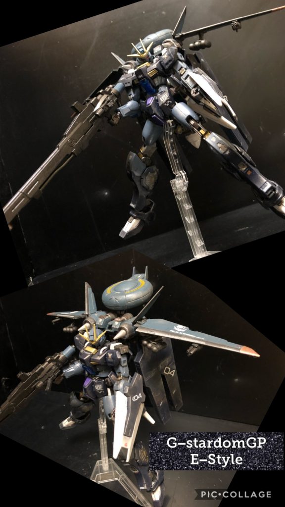 oyz「完成!“GスターダムGP E装備“!」くろいの「コレは!?」oyz「そう!デュナメスに代表される、スナイパー装備です!そう“消し去る者”!狙い撃つぜ!」くろいの「まさかこんな装備まで用意するなんてねえ。」oyz「実は、ここまで用意する予定は無くて。一度C装備で終わりにする予定だったんですけど、ウィンダムのバックパックを思い出しまして。装備させたらコレまたピッタリ!そこでGスターダム用に調整して、急遽完成させたんです〜。」くろいの「ホントにピッタリだね。」oyz「武装はスナイパーライフル、小型バルカン2基、小型ミサイル6基、シュートシールド、GNシールドビット4基です!また、敵機詮索用のレドームを装備しています。基本的に射撃・長距離狙撃用の装備で、牽制用の武装がウイングに付いてますが、中距離、近距離の戦闘は不得手になります。」くろいの「ホントに室長のGスターダム。汎用性が、多岐にわたるねえ。」