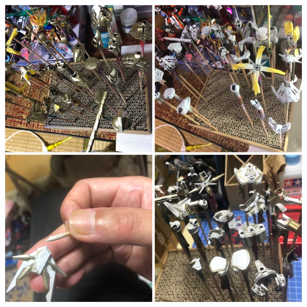 今回は拭き取り手法にチャレンジしてます。水性塗料がマジックリン(洗剤)で落とせることを利用していきます。ラッカー金→水性白と塗った後に、マジックリンを付けた綿棒で白を落とし、下地の金を露出させていきます。