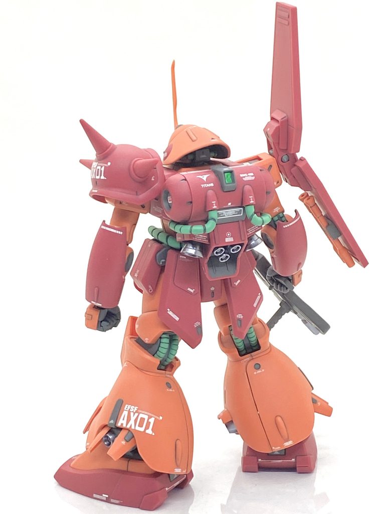 塗装箇所とカラーレシピビームライフル、各部モールドのグレー→(クレオス)RLM75グレーバイオレットビームライフル先端、バーニア→(ガイア)フレームメタリック(1)ビームライフル部パイプ→(クレオス)旧ガンダムカラーオレンジ3