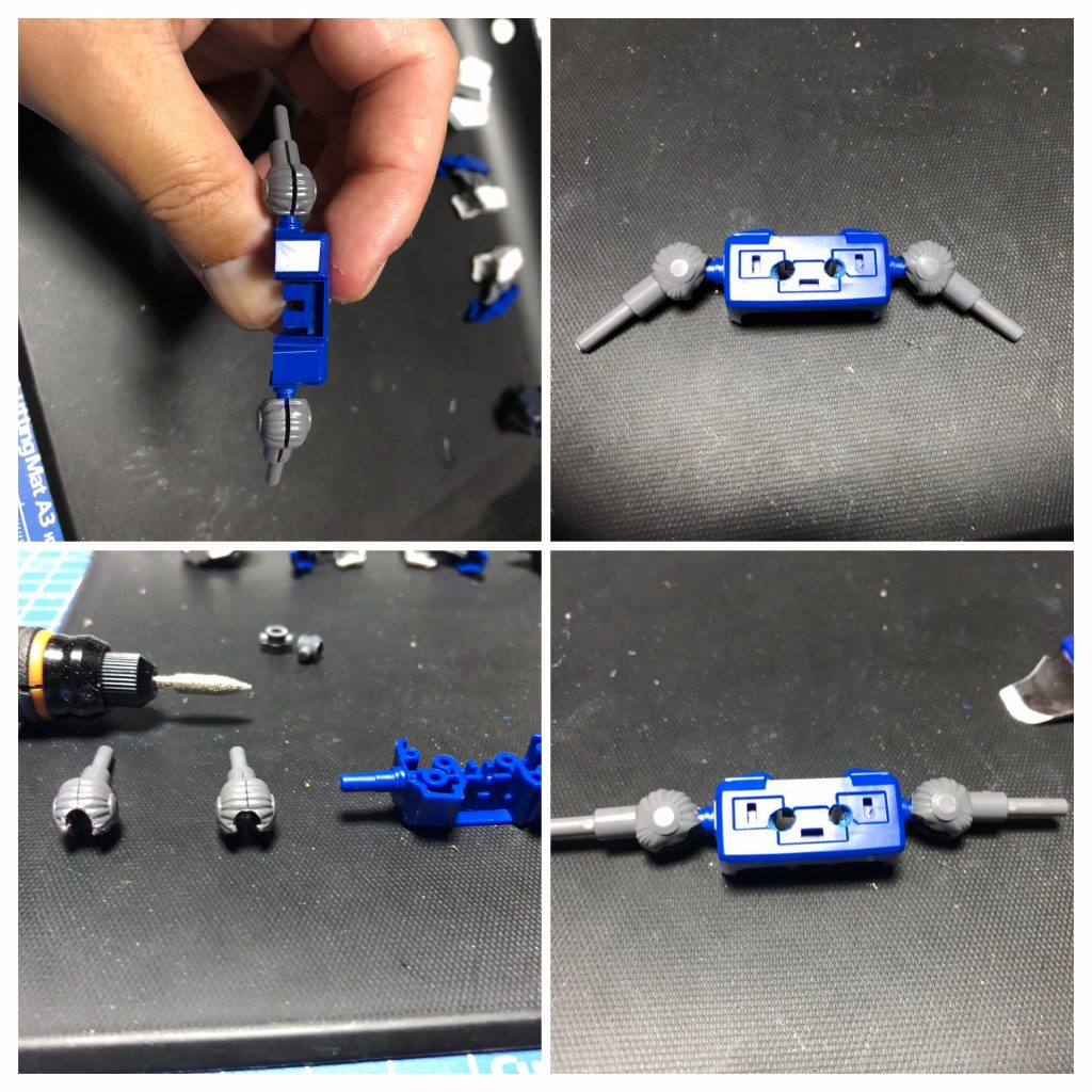 ⑤肩関節が引っかかって腕が45度しか上がらないので切り欠きを拡大して90度まで上がるようになりました。これは最初っからできたんじゃないですかバンダイさん…?^_^;
