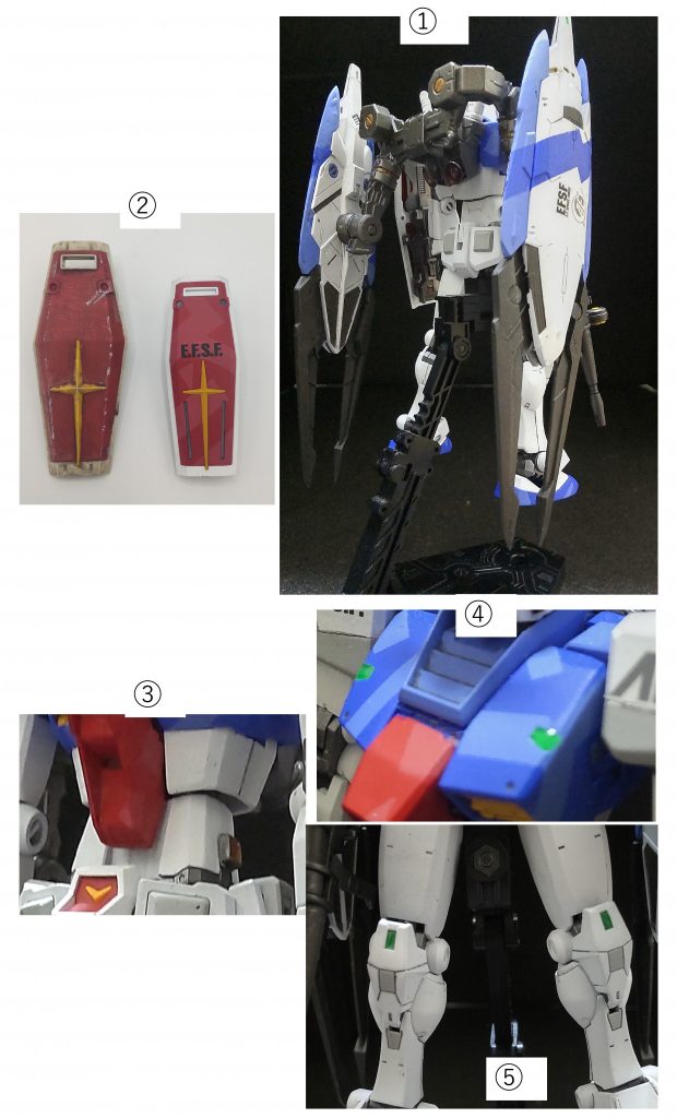 ①高機動ブースター:機体本体のバックパックからフレキシブルアームを介し接続し、爆発的な加速性能と、AMBAC機能も備える。当機での最大の特徴となる。しかしAMBACと加減速を制御するシステム開発は煩雑を極め、結果開発の大幅な遅れとなった。②機体本体の基本パッケージはRX-78そのままとしたが、高機動化の為軽量化及びフレームの強化を施した。 胴部コアブロックシステムをオミット、GMの構造に差し替えることで高剛性と軽量化を実施。また胴部や脚部の装甲の一部を省略化し軽量化を図り、AMBAC性能強化の為、四肢のバランスの見直しを行った。シールドも高機動用に従来品よりも小型タイプとし、重量軽減を図った。③高機動での機体内部温度上昇に対応する為、胴部脇に放熱フィンを追加④高機動化での情報強化の為、胸部及び脚部(膝)に大型センサー追加⑤機体スプリッター迷彩で敵機からの視認性阻害効果を狙った。(開発担当者の趣味とも言う)