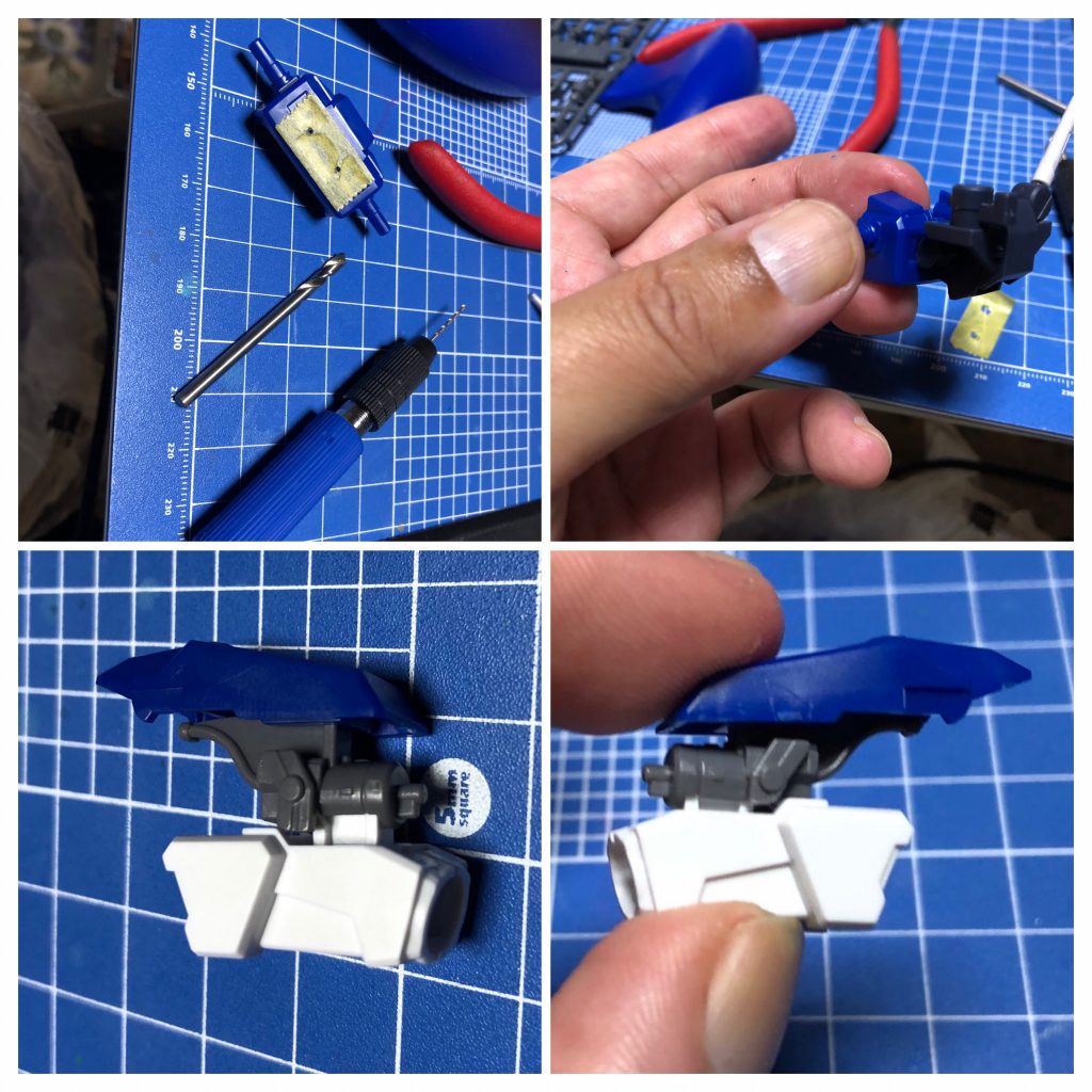 ①フェイクνウェポンのバックパック取り付け方法が違うので、穴を開けて取り付け可能に。本来のバックパックも取り付け可能です。②設定上は搭載されているアームガトリングですが、パーツの形状変更で取り付け困難なので、切削して取り付け可能にしました。