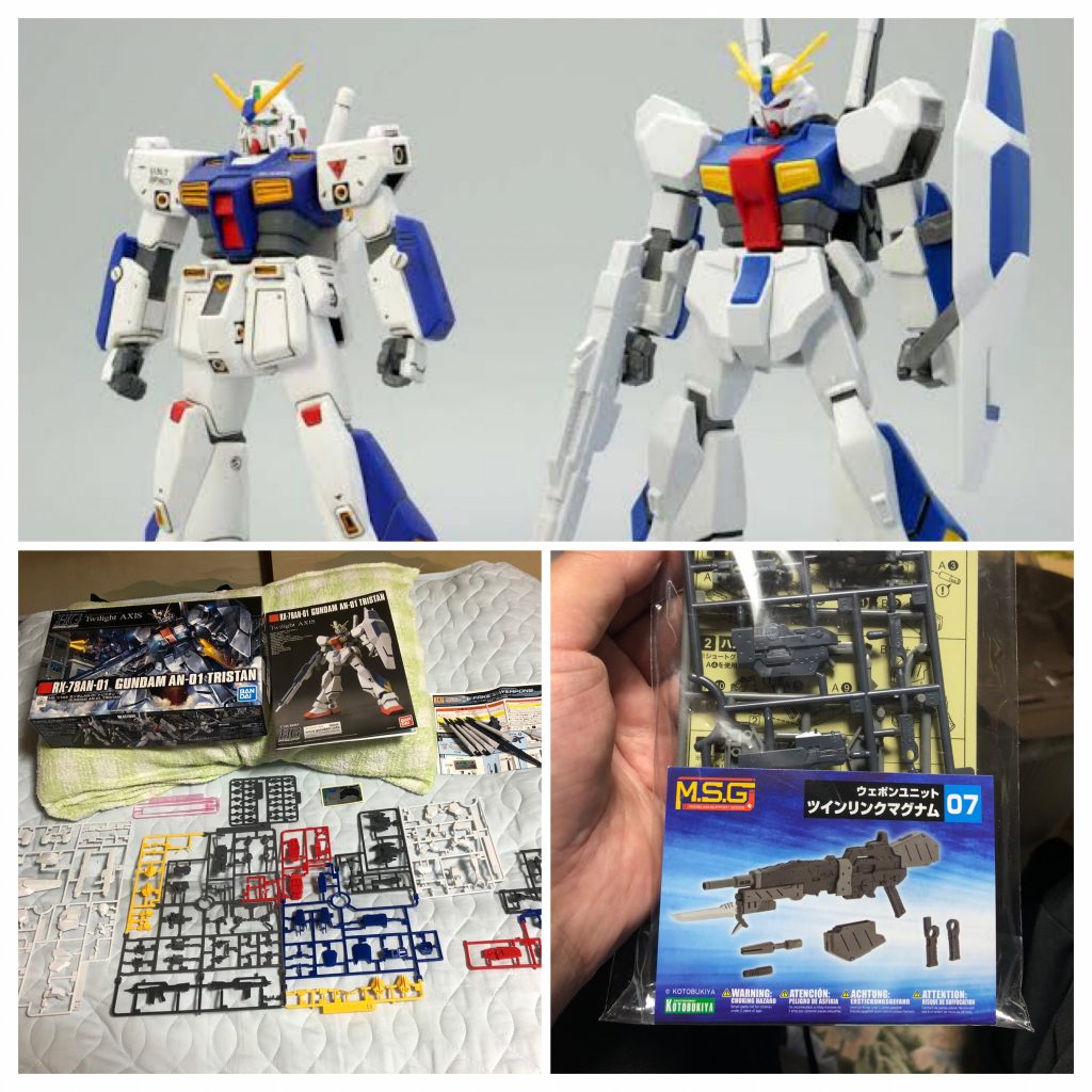 2004年発売のNT-1アレックスをベースに新規外装で作りました!というノリなので、見た目は良いが可動がダメダメ、と酷評なキットですが、改修点も含めたレビューもありましたのでそちらを参考にさせていただきました。ファンネルはフェイクνウェポン。ライフルはMSGのツインリンクマグナムです。