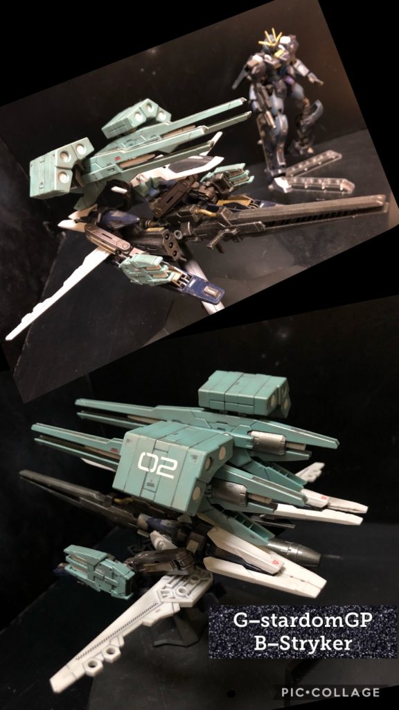 ・B装備(Bombardment style)『B−ストライカー』oyz「お次は“B−ストライカー”です!」くろいの「コレは!?Gディフェンサー!?」oyz「Bストライカーの“B“はBombardment(砲撃)から取ってます。」くろいの 「これは、ビルドダイバーズのリク君の機体、ダブルオースカイのHWS(加重武装システム)と、チャンプのAGE−2マグナムのSV装備を改修した物だね。」oyz「ハイ!そのパーツをGディフェンサーの様な機体に改修した物になります。チャンプのSVパーツは、サイド・ポンツーンとメインバーニアとして使用しました。」くろいの 「意匠がまさにGディフェンサーだね。」oyz「よーし、では早速合体させましょう!」くろいの 「イイね!」oyz「よーし!いくぞお!!合体っ!!」