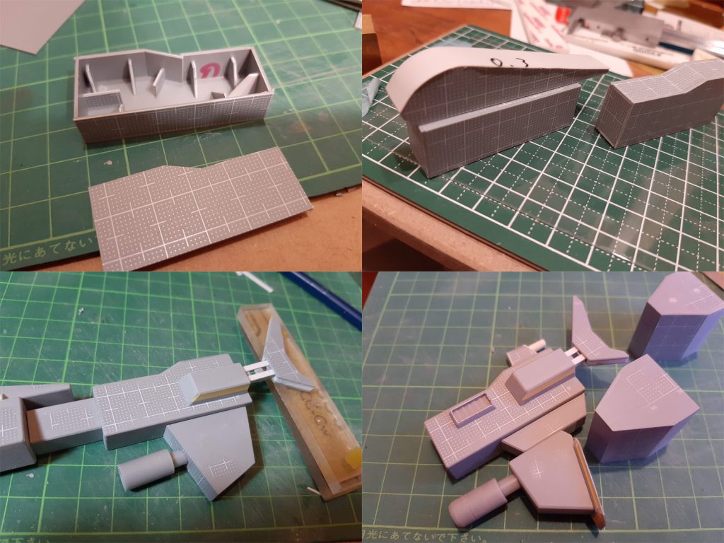 メガバズーカランチャーの製作工程。基本箱組なので、プラ板を切ったり貼ったり。画像下左右を見ていただけるとわかりますが、形を間違えていて作り直しています。