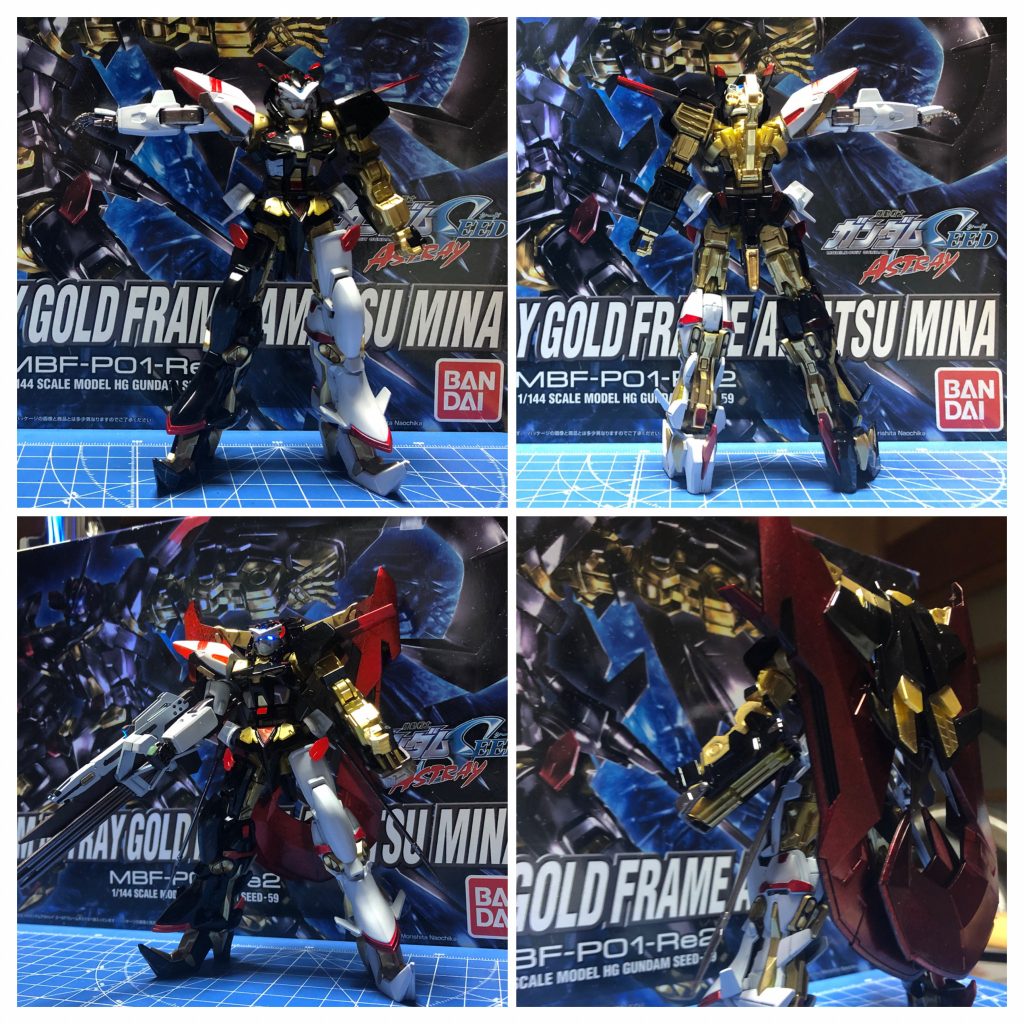 そして完成!素立ちと装備状態です。スマートな素体とボリュームのある装備が良いバランスですね。各部に見えるフレームも成型色の金(イエロー)よりもらしく見えます。手間を省くならランナー丸ごとスプレーで塗ってしまっても良いのでオススメですね^_^b