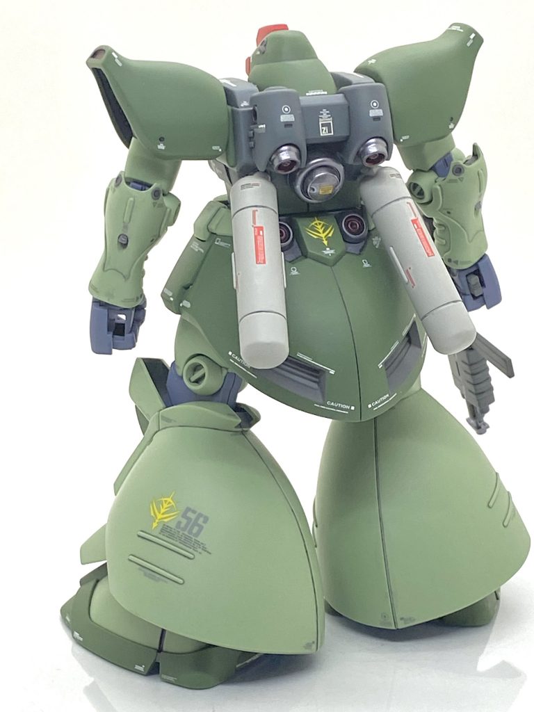塗装箇所とカラーレシピMMP-80マシンガン、ジャイアントバズーカ本体等→(クレオス)新ガンダムカラーMSグレージオン系各部バーニア外部、ジャイアントバズーカスコープ部→(ガイア)フレームメタリック(2)各部バーニア内部→(タミヤ)エナメル、クリアーレッドプロペラントタンク→(ガイア)ニュートラルグレー2