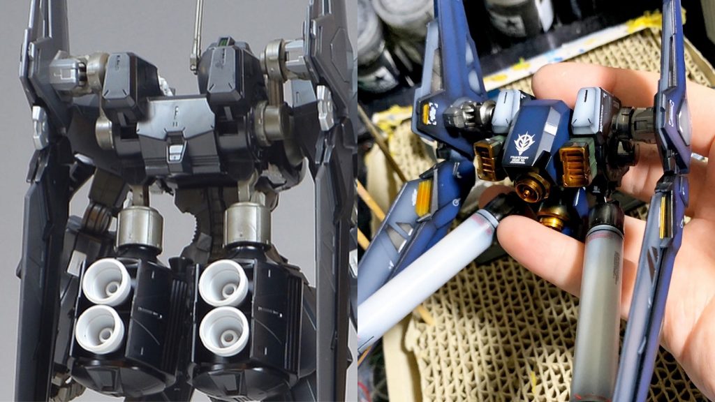 ・百式壊のバックパックは変なところにバーニアがついているのであまり好みではなく、シナンジュスタインのものと既存のものをミキシングしました。プロペラントタンクが好きなので追加し、ブースターも装着して機動力を上げています。機体が赤系で構築されているのでオプションパーツは連邦から奪取した感じを残すために青系で塗装しました。