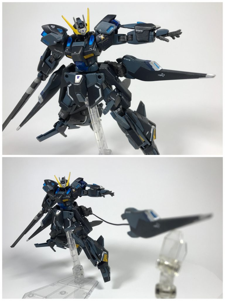 [V.S.B.Rバインダー]本機の腰に装備されるバインダー。F91の本家V.S.B.Rよりも射程距離が短くなっているものの、威力が向上しており、ビームを散弾状に拡散放射することもできる。また、V.S.B.Rバインダーそのものを、バルバトスルプスレクスのテイルブレードのように射出、操作することも可能でこれ自体を物理攻撃に用いたり、AoZシリーズのウィンチユニットやインコムのように使用することもできるようになっている。