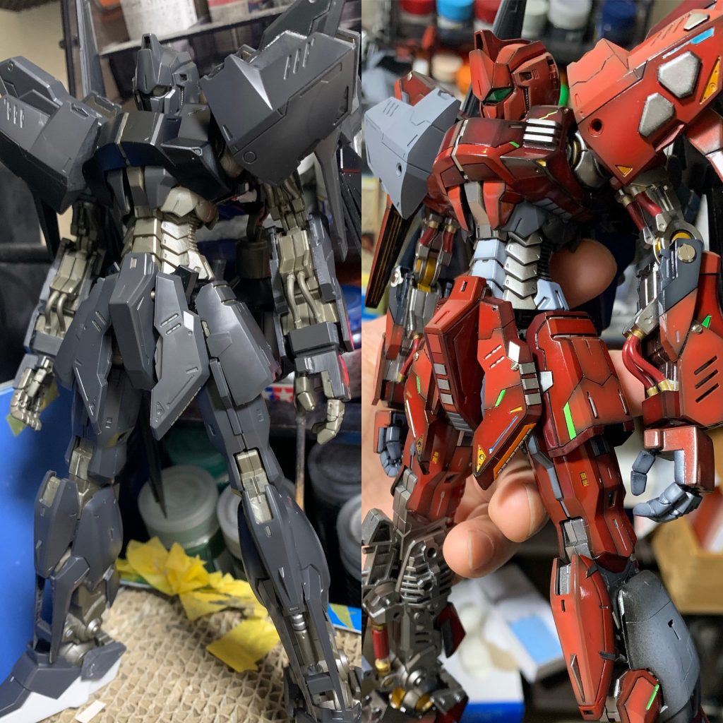 ・塗装マスキングテープを使用して色分け塗装。下地にはブラックを使用してグラデーション。0.2ミリのエアブラシが大活躍です。どんなに小さい塗り分けも必ず筆ではなくマスキングしてからエアブラシを使用します。このキットは全身が黒系なので色分け塗装するとかなり映えてくれると思っていました。お腹の複雑なディテールも分割なく構成されていてもったいないと思っていました。写真参照グラデーション塗装の後にクリアブラックで黒を際立たせたいところに色を載せています。濡れ色のように自然なグラデーションがかかってくれます。蛍光塗料の下地にはシルバーを使用して発色を良くします。