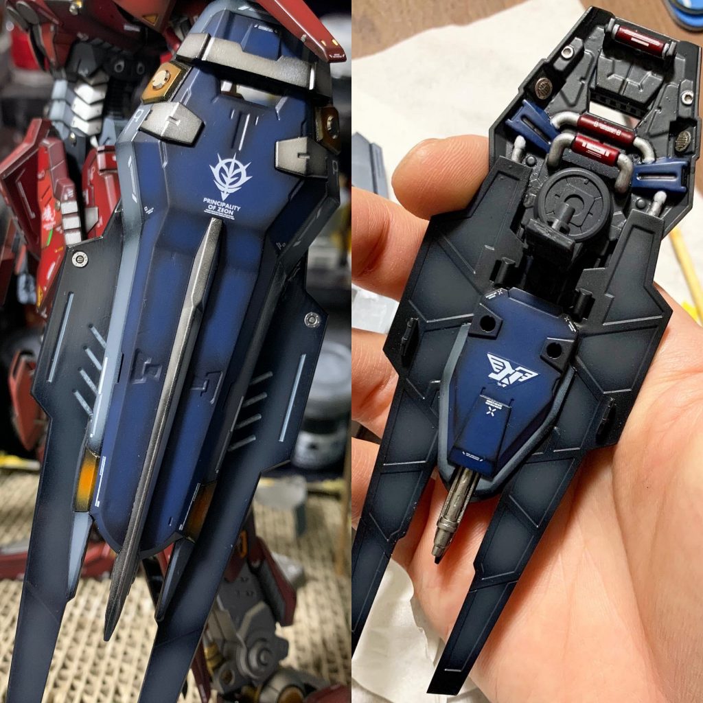 ・シールドはデュエルガンダムのものを使用して、既存のシールド的なものを組み合わせてシールド兼、パルス砲のようにしています。パイプなども色分けして遊んでみました。ここは凸凹が激しいのもありマスキングテープが貼れなかったので筆塗りです。