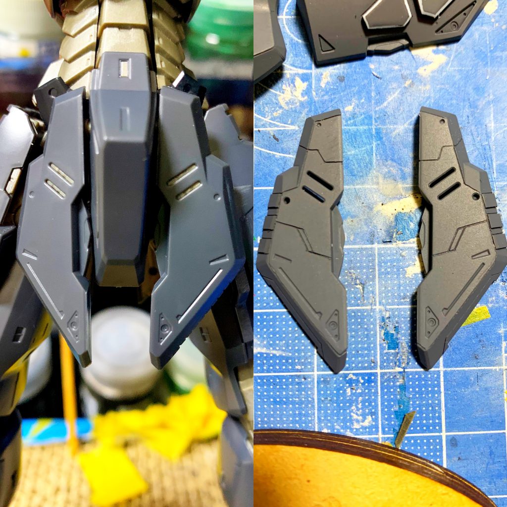 ・ディテールアップ稼働範囲などを確認して削り込み場所などの処理が終わったらスジボリ、プラ板をはる位置、メタルパーツの配置を考えていきます。スジボリのラインには必ず紙やすりでラインをまっすぐに整えます。既存のディテールは墨入れのことも考えてしっかり掘り直します。メタルパーツは埋め込み式のものと接着剤設置のものとを組み合わせたりして使用しています。シルバーに塗装した内装パーツにもメタルパーツを付けたりしてます。