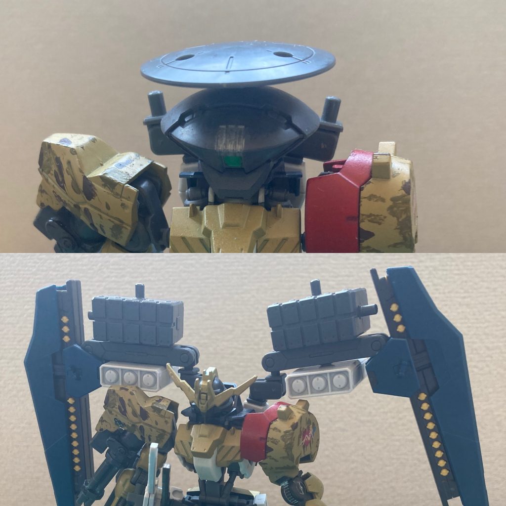 オプションの変更で、まず頭部を電子支援用の頭部に。次に、バックパックを長距離砲からミサイルコンテナセットに換装できます。初投稿、ご覧いただきありがとうございました。