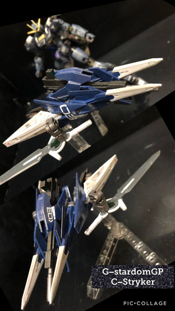 ・C装備(Cut through style)『C−ストライカー』oyz「さあ、次はCストライカーです!」くろいの「コレって、なんか見た事あるなあ。(´ω`;)」oyz「まー、そりゃそうですよね〜。使ってるのは、OOダイバーエースの追加パーツですもんね〜。くろいの「あれって支援機になったっけ?」oyz「さすがにそこは改造して支援機になる様にしました。今回の支援機では最軽量かつコンパクトです。支援機形態でのみ使用出来るビーム射出口が付いてます。」くろいの 「OOダイバーエースかあ。という事は...。」oyz「そーです。”C“はCut through(切り開く)のCですよ。」くろいの「そーくるよね。」oyz「ハイハイ、とにかく合体です!いくぞーッ合体!!」