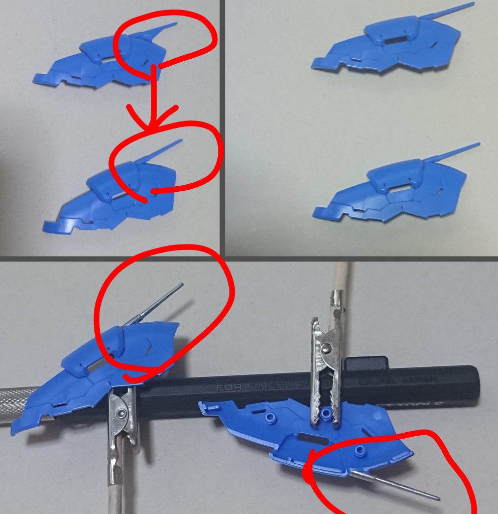ファンネルコンテナのアンテナに付いているフィン?の削り落とし修整。ネットで作品を拝見してみると、ここを修正する人はかなり少ない印象。何故だろう?と思ったら、MG Ver.kaの頃からこの形だったようで、アンテナの強度確保のためではなく、これで設定通りなのかもしれません。個人的には格好悪く感じたので、修正しました。(写真は1機目のときのもの、2機目も同じ加工済み)
