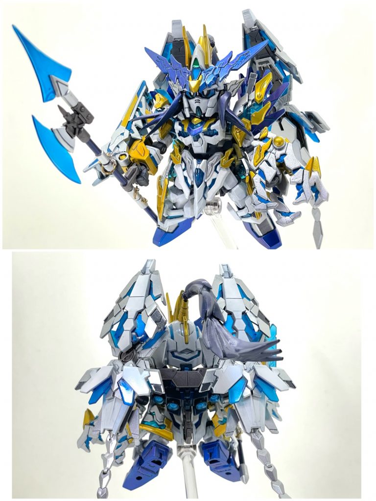 正面と背面。ペルフェクティビリティモチーフということで、龍尊劉備からカラーリングをアレンジして、ツノをメタリックブルーにし、金を減らして銀を入れてみました。髪型も変更して髷をスーパーロング、もみ上げも延長&増量してます!