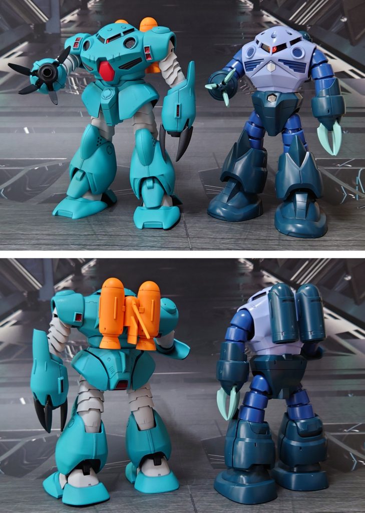 ズゴックとの比較。バイスクロー(手の爪)は肉抜き穴埋め、パーティングライン処理をしました。