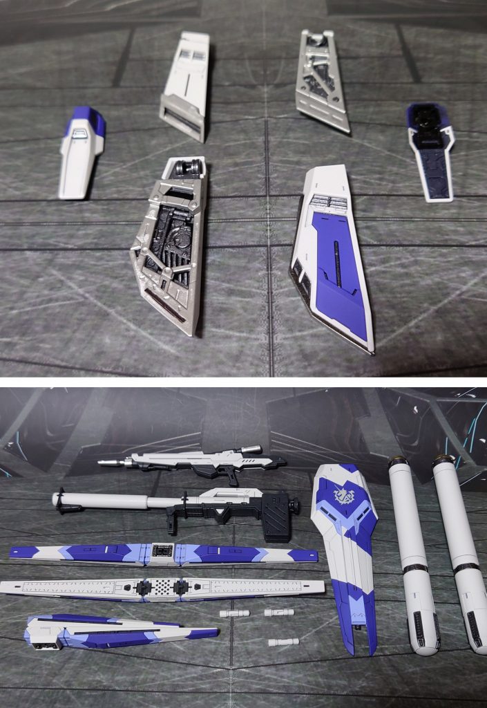 スカートアーマーの表裏と装備一式。ビームライフルとバズーカのグレーには黒サフ→MSグレー(連邦系)→つや消し。デカールは敢えてのHGUC用ガンダムデカールを使用。