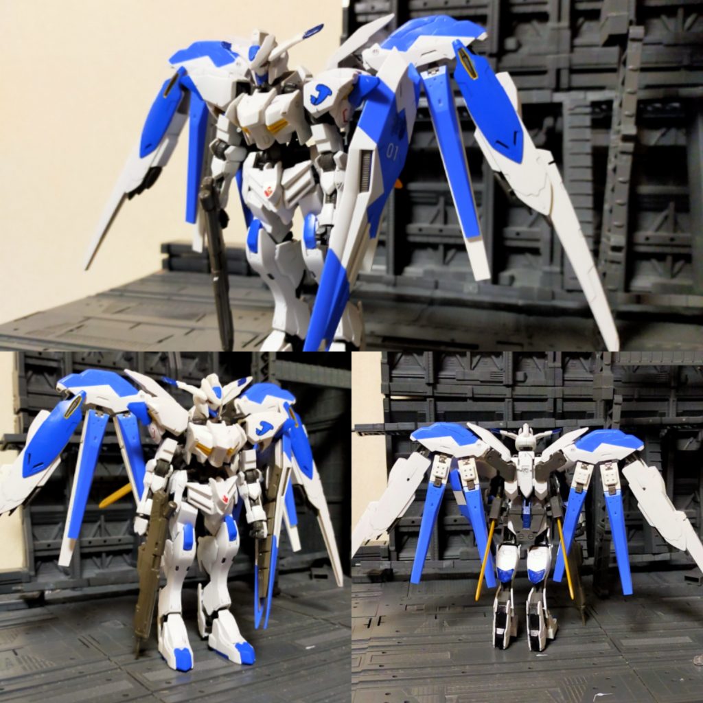 ガンダムバエルをベースに腕部はバルバトス第4形態、武装とシールドはHi-νガンダムをミキシングしている。見ての通りフィンファンネルラックを追加したことにより、ウィング部がより充実したものになっている。