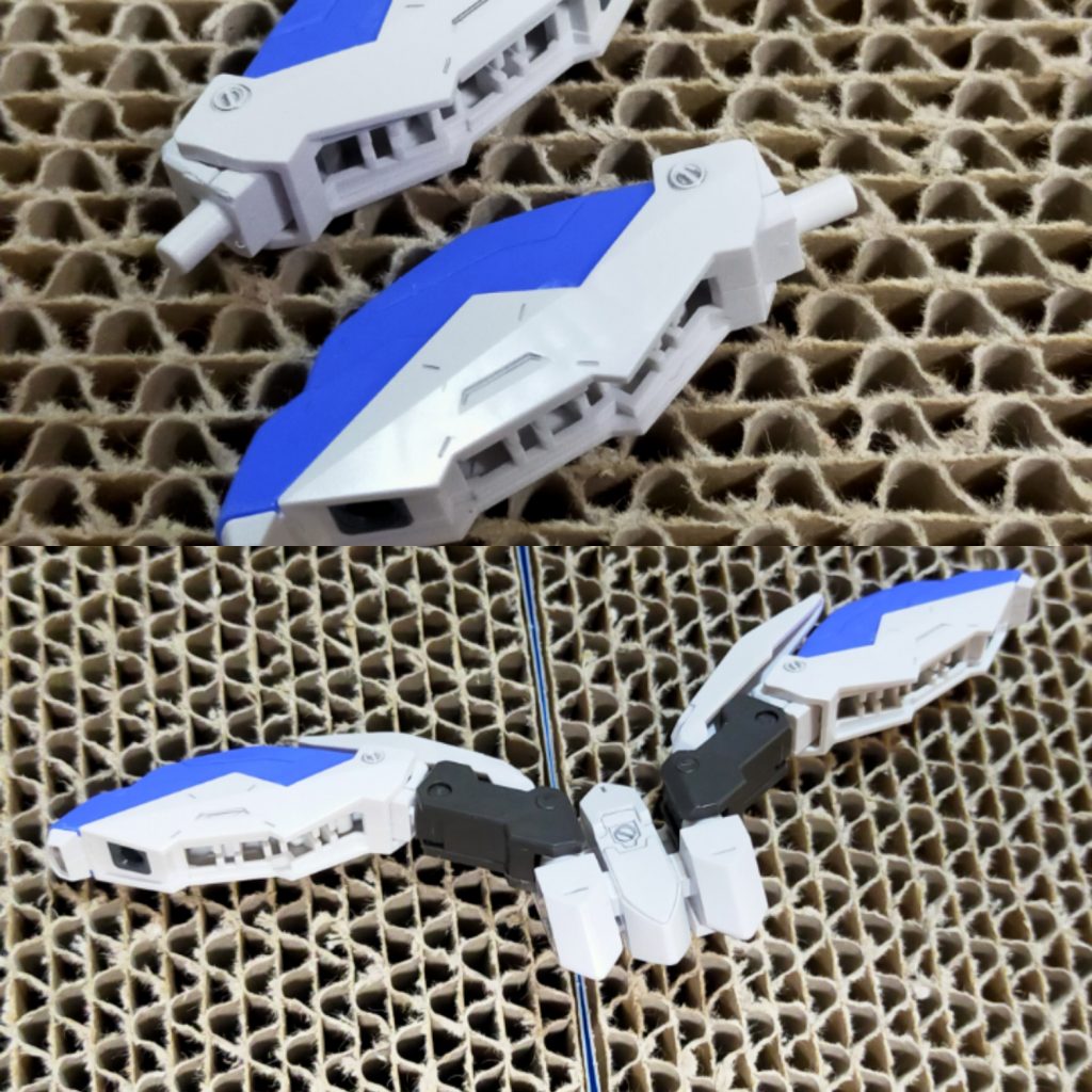 HG Hi-νガンダムのファンネルラックを上部のように加工することにより、下部のようにウィング部が拡張できる。