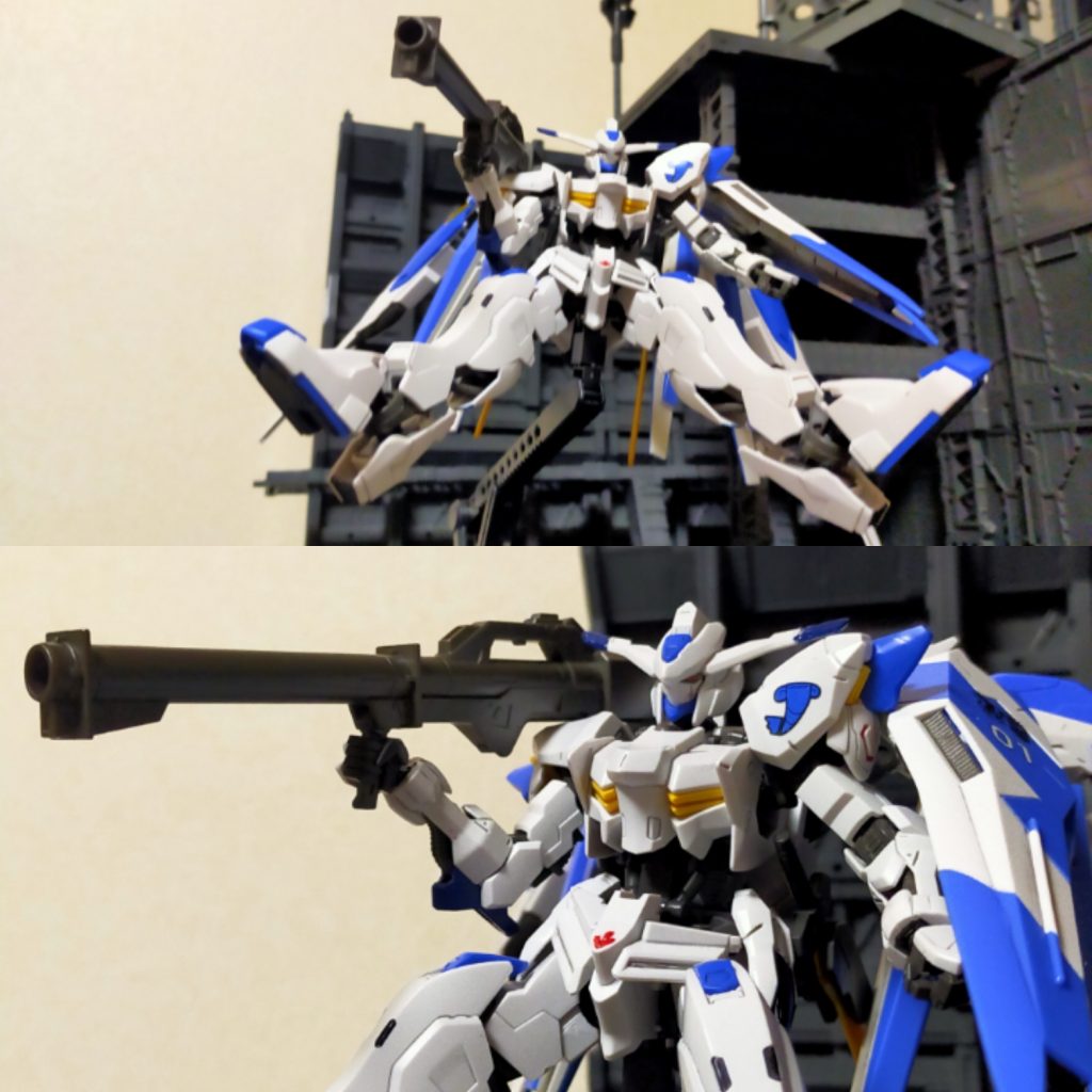 前回の反省か、あるいは宇宙世紀のビーム系兵器に依存しているのに漬け込んでいるのか、武装が充実している。Hi-νガンダムのビームライフルやバズーカも装備出来るようにグリップを加工。