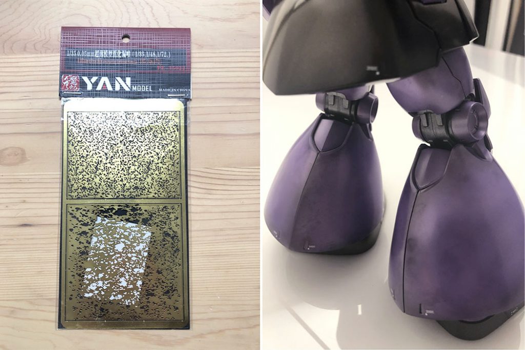 グラデーションはウエザリングステンシルを使用しましたその後に水性のクリアーで溶いたパープルとスモークグレーで塗装してます。