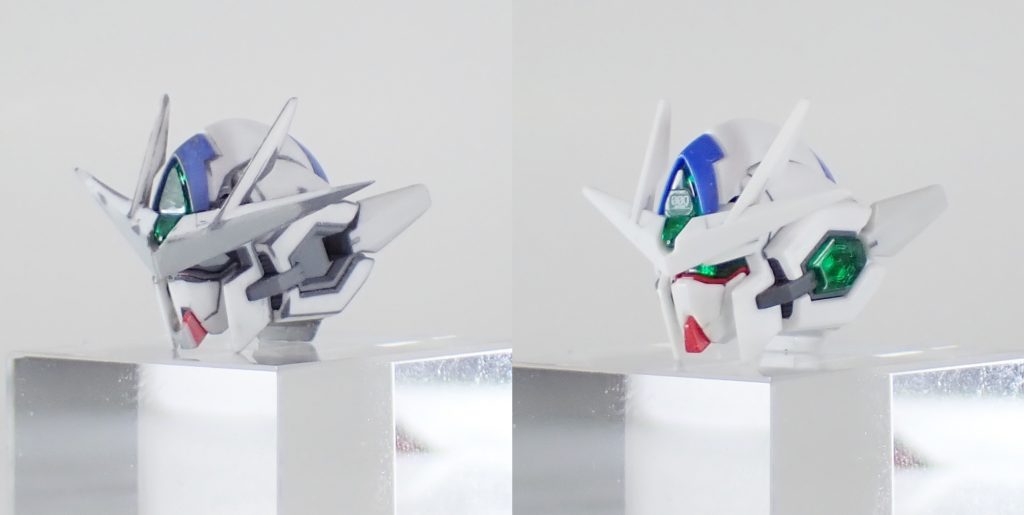 頭部はアンテナ下部にプラ板を貼ってボリュームアップ。アゴにもプラ板を貼って形状変更。ツインアイはプラ板を切り出して作製。フェイスは削り込みで形状変更。