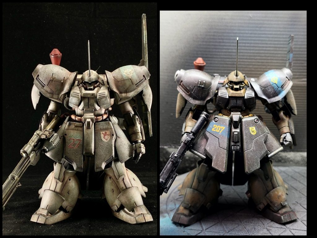 左側がフォロワーさんの作品。右側が私の作品となります。いろんな画像をじっくりと見させて貰い、何のパーツを使ったか分からない箇所は翻訳機能を使い(海外の方なので)質問しながら特定。 どうしても手に入らない、分からないものは手持ちのジャンクの中から似たようなものをあてがったり自作したりしたので100%の再現にはならなかったのですが、そういうところには少しだけ自分のテイストを加味しながら、リスペクトを込めながら製作しました。銃はコトブキヤさんのMSGの中からチョイス。ハンドパーツはTakuyaさんのロボマニ(丸指/M)です。