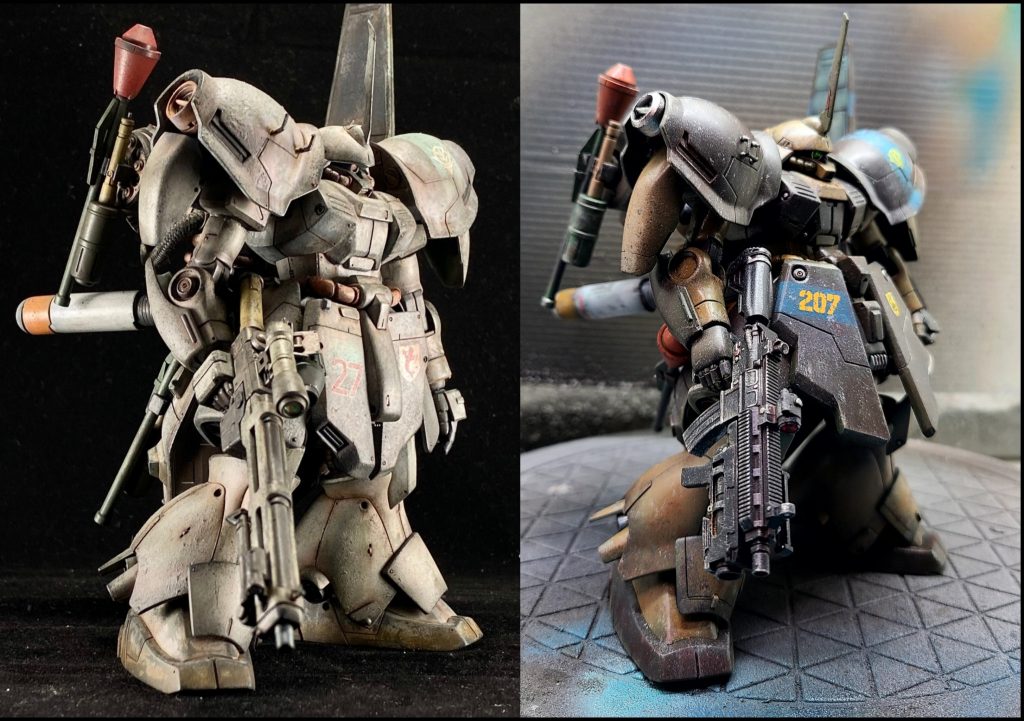 大まかな内訳としては、ベースはマラサイ(当たり前ですね)。肩アーマーと追加のバックパックはガルバルディリベイクから。腰回りはサザビーから(ジャンクとしてキットは持っていましたがフロントアーマーとフンドシ部は他に使ってしまっていたのでフンドシ部はマラサイのものをアレンジして、フロントアーマーはプラ板で自作してます)。肩アーマーの二の腕ガード(?)はV2ガンダムから、とのことでしたが、手持ちになく、似た形のものを組み合わせて自作してます。