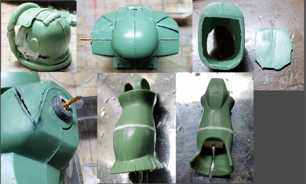 各部の加工。スパイクアーマーは分離してランナーやランナータグを張り付けて大型化。胴体は絞り込むように切り離して再接着。足裏は角度が付いているので切り抜いて両方平らにして再接着。肩の接続はアルミ線にするのでコトブキヤの丸バーニアで隙間を埋めました。脚はアルミ線を刺す土台を接着するために一度切り離してプラ板を接着。足の長さは変わらないようにしています。足首は別パーツ化して裾を短冊状に切れ込みを入れて足を開いて立てるように広げています。