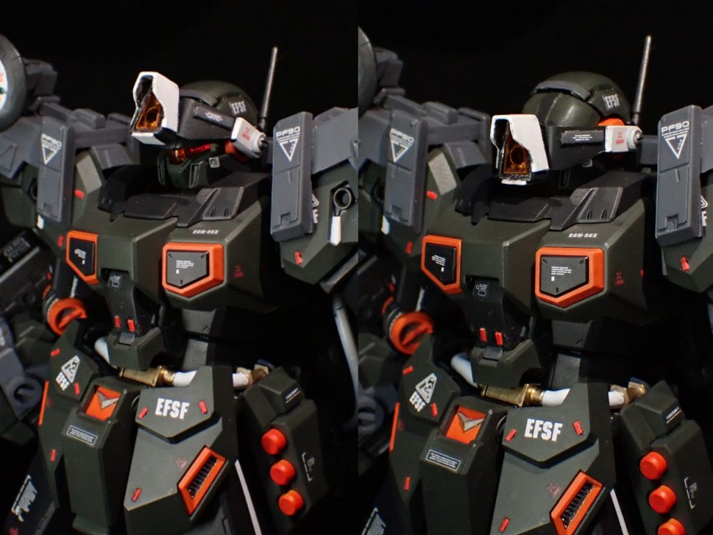 バイザー部分は射撃形態時に可動。フルスクラッチで作ったがやはり曲線的な造形は難しかった。