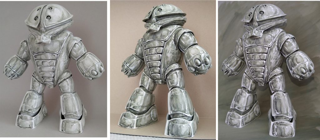 塗装前、塗装開始直後の画像ですが…スマホで撮影してましたが、スマホのmicroSDカードが壊れて塗装開始頃のデータが全く無くなってました!更に、過去の画像も破損して見れなくなっていて…悲しいです。ですので、中途半端に筆塗り開始した所からしか画像がありません。画像左から順番に塗り進めています。右画像の背景紙も本体を塗った色で筆塗りしてみましたが荒っぽい印象なのでエアブラシ塗装した背景紙で紹介している画像は撮影しております。塗った本人としては…1年以上前と比べたら割と表現出来たと思っておりますが絵に描いたような質感で終わってしまっている気がするので今後はもっとリアルな描写が出来るよう励みます。出来るのかなあ??僅かでも透けている様にご覧頂けたのであれば幸いです。ありがとうございました。