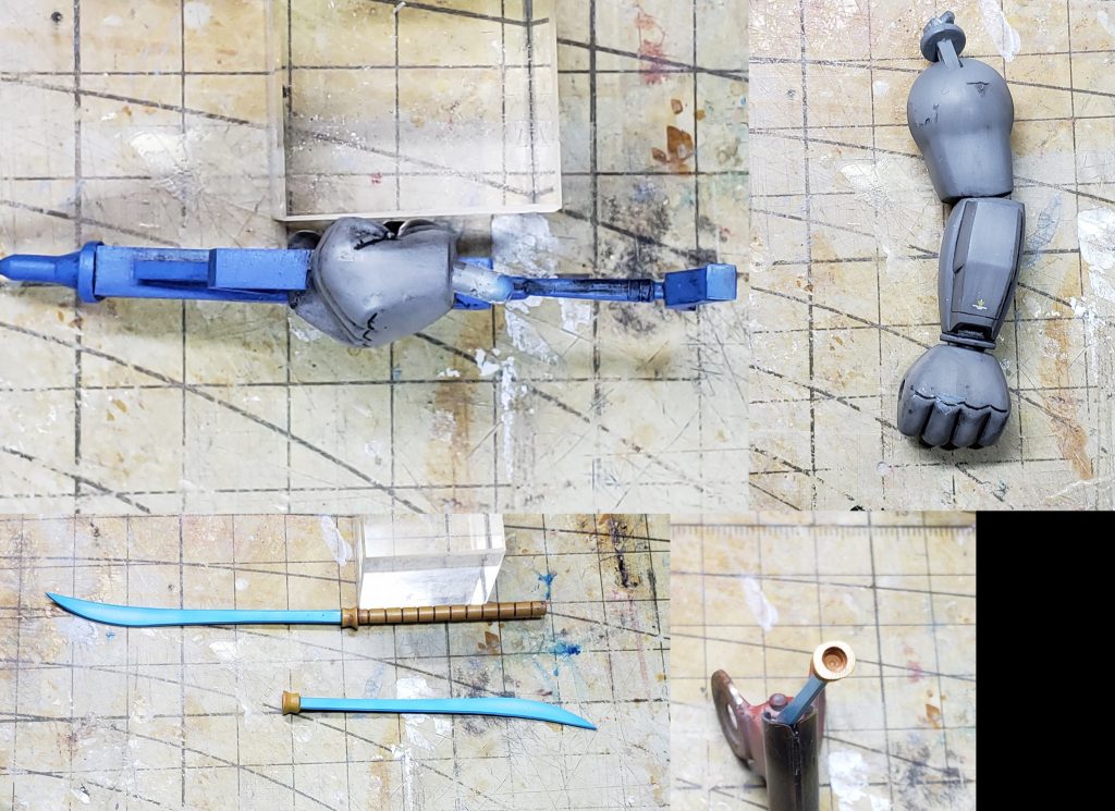 加工部分ライフル持ち手の軸を斜めに変更。肘は思い切って接着固定。サーベルは発振部を切り取り柄部分を整形後、片方は接着、反対は浅く穴を開け取り外し可能にしています。