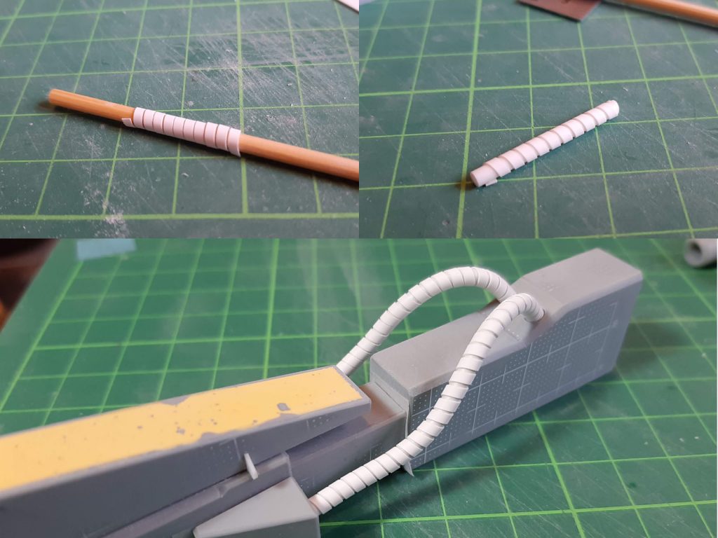 今回のフルスクラッチで自分的に一番満足しているところ、エネルギーチューブです。キットだとパイプを繋げたものですが、私の解釈として「スパイラルチューブ」だと思っているので、0.2mmのプラ板を細く切り出して、被覆付きアルミ線に巻きました。竹串に巻いて茹でると型がついて工作しやすくなります。