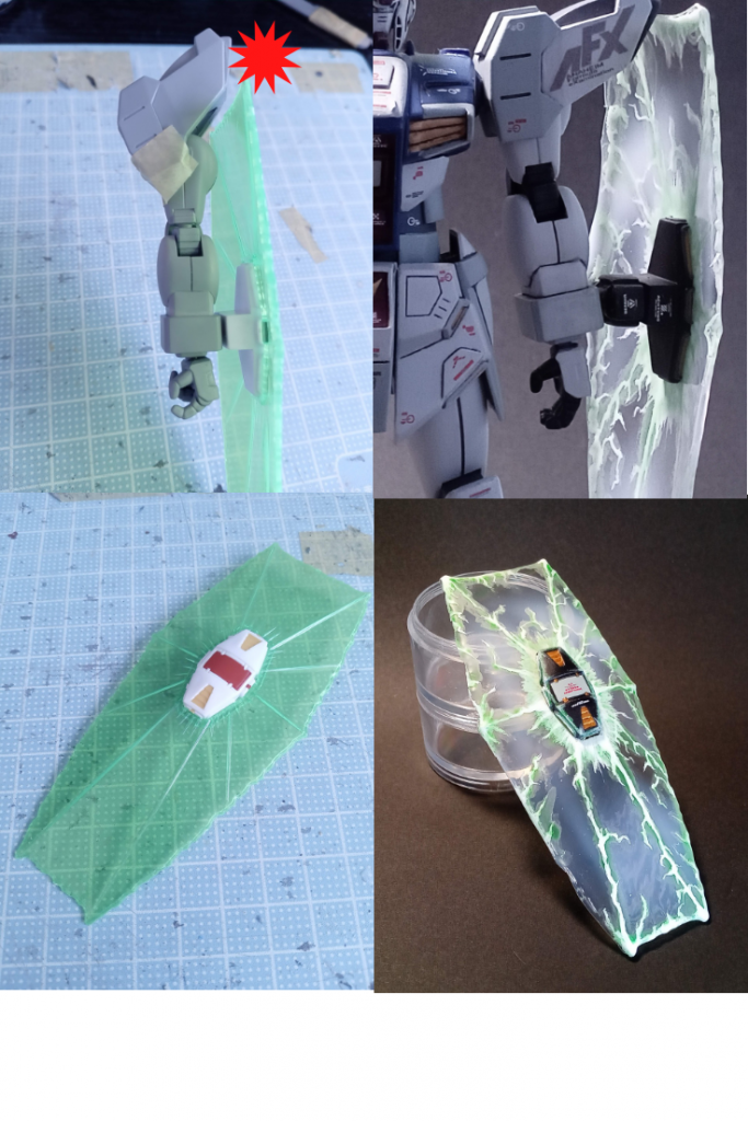 ビームシールドも玩具感をだしてるので、キャノピー同様ヒートプレス(ケーキの詰め合わせのフタでやった)。透明なシールドを複製し、シタデルカラーで発光してるように塗りました。あと、そのままでは、肩にぶつかるのでアタッチメントを製作。ポリキャップをプラバンで挟んだだけですが、角度も変えれていいです。