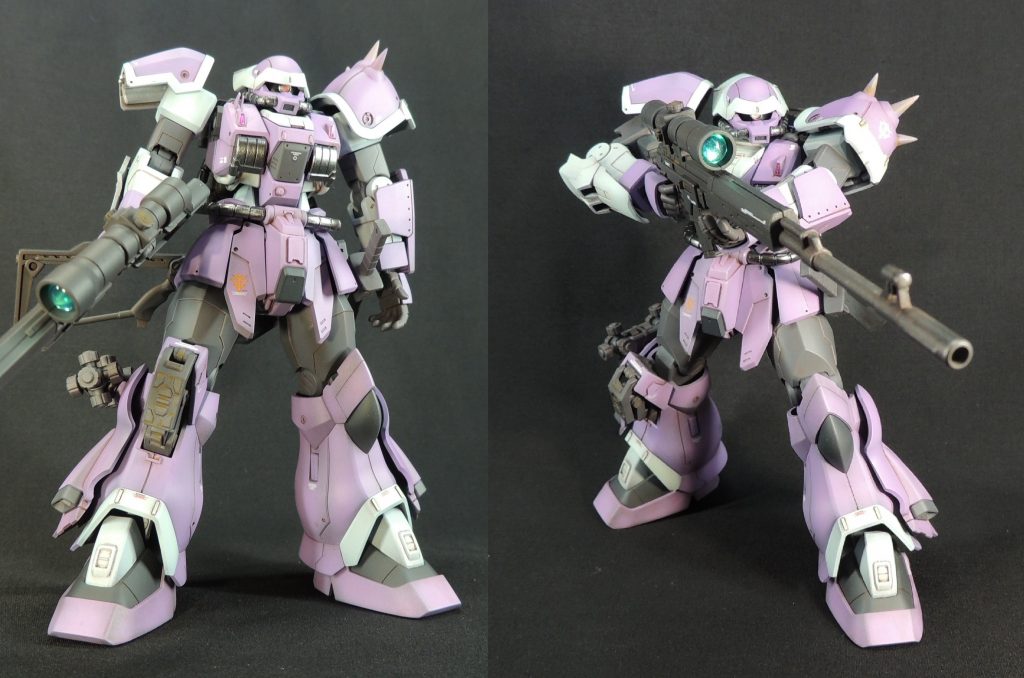 使用しない3㎜Φの武器マウント用の穴は、パテで塞ぎました。モノアイはH・アイズに置換え、左肩のスパイクはランナーの削り出しで先鋭化しています。