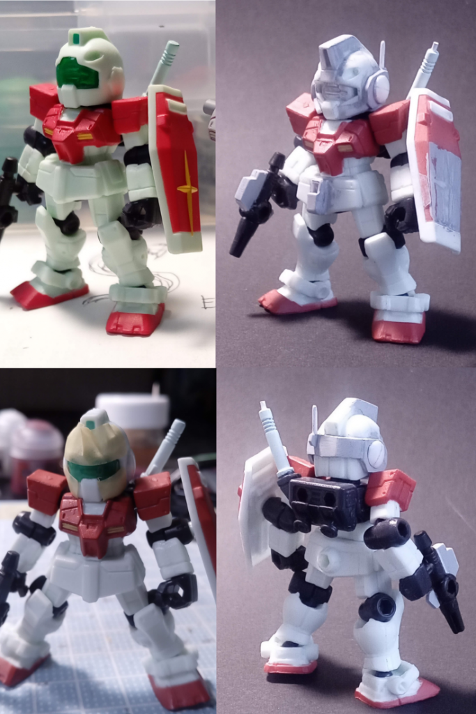 ジムノーマルからジム改風へ。頭部の改造以外、ほとんどノーマルです。股間の増設とビームサーベルの突起、シールドの星マーク除去、サイドのディテール増加、ライフルの上部と弾倉追加。