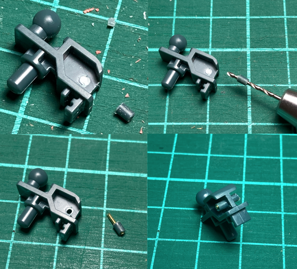 肩の後ハメ加工中にジョイントパーツのピンが折れてギャー!からの根性で真鍮線リカバリです。皆さん言ってますがここのパーツかなり弱いです。何とかなって良かった。。