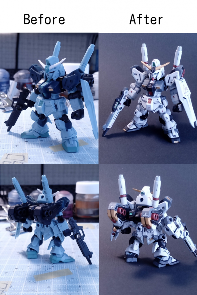 ノーマルの量産型νガンダムとの比較。色でこんなに印象が変わるんだなーって思いましたね。